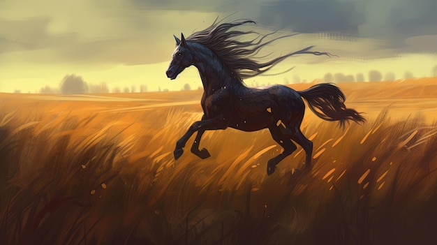 Un caballo corriendo por un campo Concepto de fantasía Ilustración pintura IA generativa