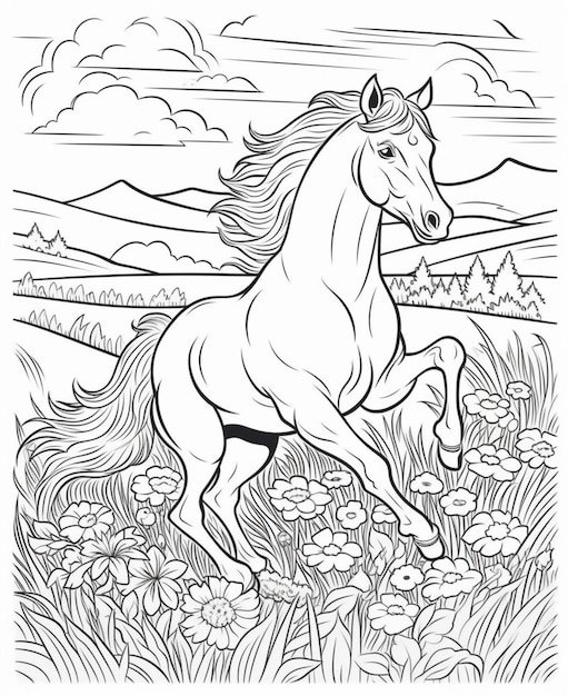 Un caballo corriendo por un campo de flores con montañas de fondo ai generativo