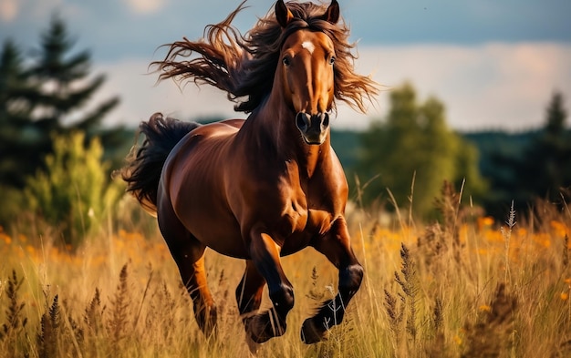 Un caballo corriendo por un campo de hierba alta AI