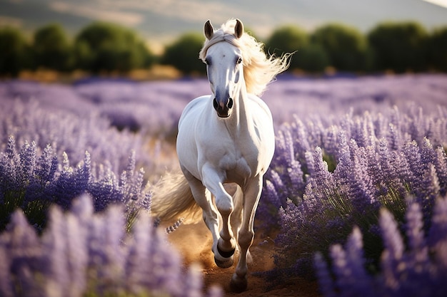 Caballo corriendo por el campo de lavanda