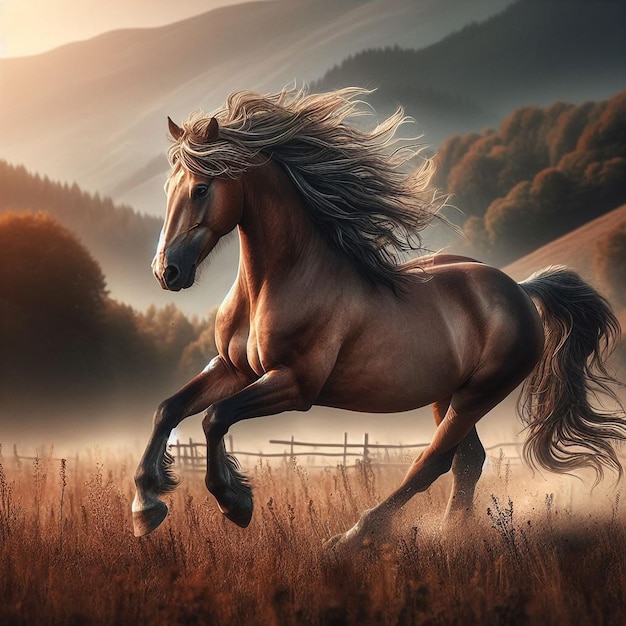 Un caballo corriendo en un campo