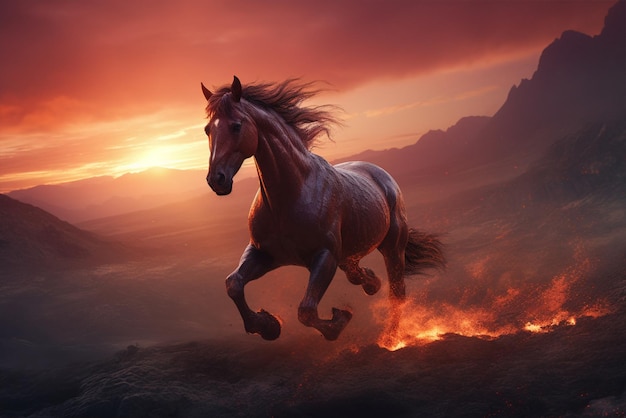 Un caballo corriendo en el desierto con una puesta de sol en el fondo ai generativo