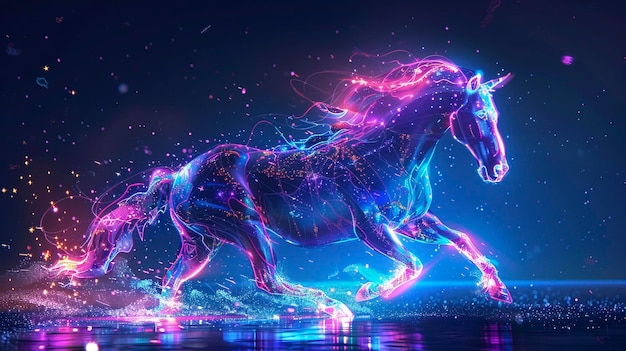 Foto el caballo corriendo de fondo de neón abstracto