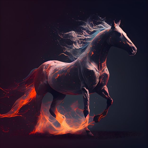 Caballo corriendo en la ilustración de fuego sobre fondo oscuro