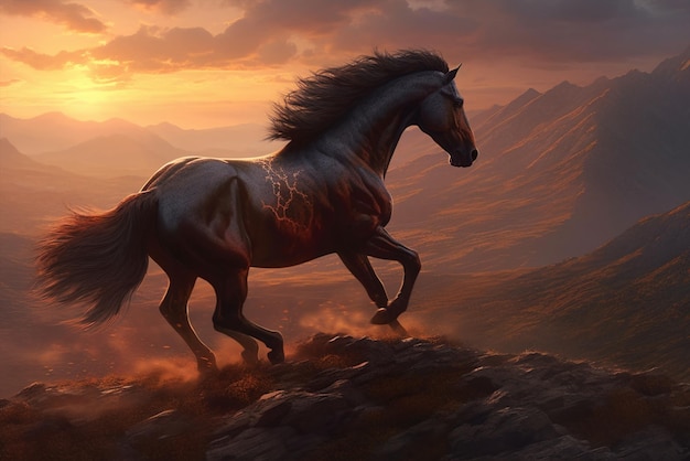 Un caballo corriendo en las montañas al atardecer generativo ai