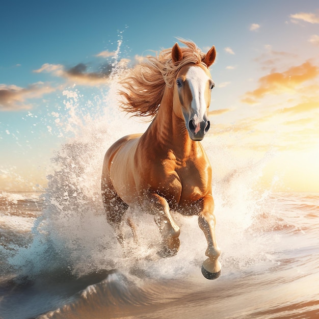 Foto caballo corriendo en la playa a través del agua ilustración 3d