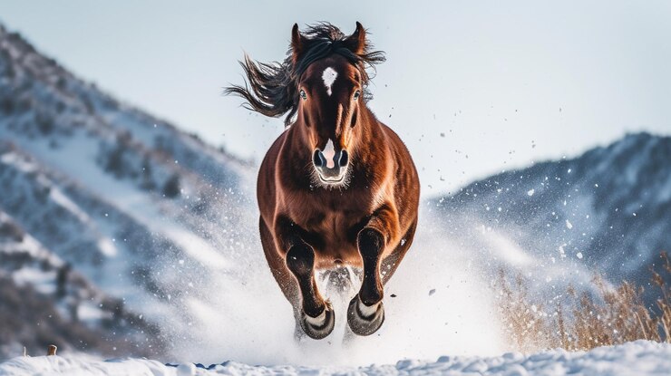 Caballo corriendo sobre la nieve en el bosque de invierno ai generativo