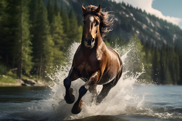 Foto un caballo corriendo a través de un cuerpo de agua.