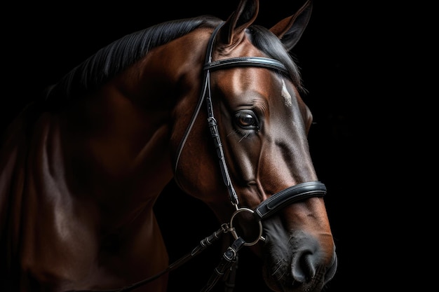 Caballo de doma actuando en un establo oscuro con una brida tradicional