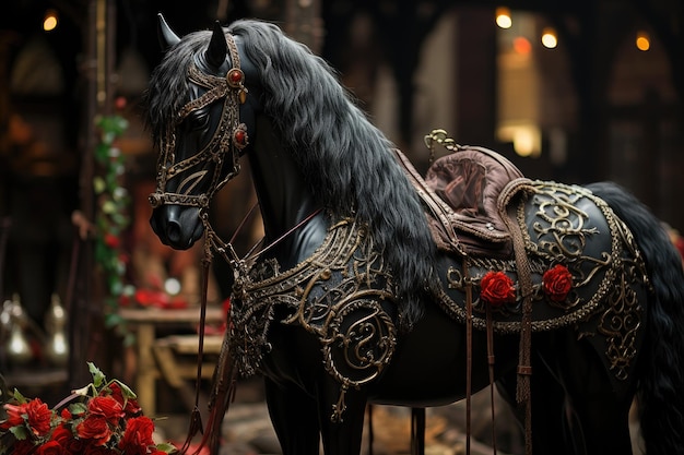 Caballo elegante preparado para el desfile con silla generativa IA