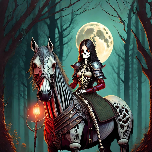 Caballo esqueleto hecho de huesos con armadura medieval con un jinete en un bosque oscuro