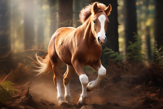 un caballo está corriendo en el bosque con el sol brillando en su cara