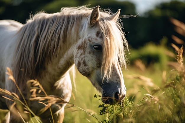 un caballo está parado en un campo de hierba alta