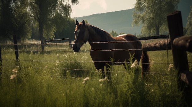 Un caballo está parado en un campo.