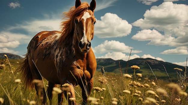 un caballo está de pie en un campo con un fondo de cielo