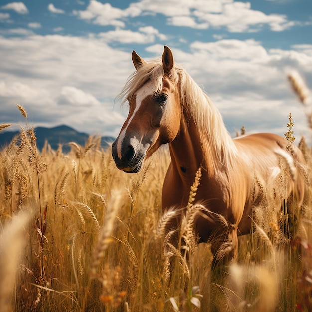 un caballo está de pie en un campo de hierba alta