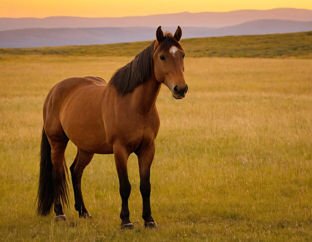 un caballo está de pie en un campo con montañas en el fondo