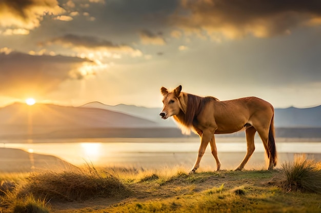 un caballo está de pie en un campo con el sol poniéndose detrás de él