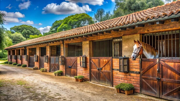 Foto un caballo está de pie frente a un edificio con un fondo de cielo