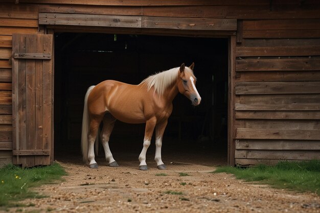 un caballo está de pie en un granero con su cabeza en la puerta