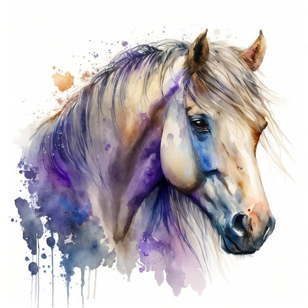 Un caballo está pintado con un fondo morado y azul.