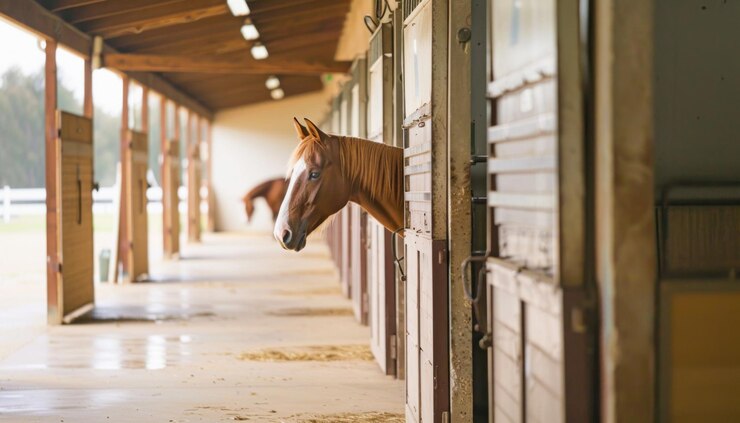 Foto un caballo está posicionado cerca de la puerta de un encantador establo de madera mirando hacia afuera