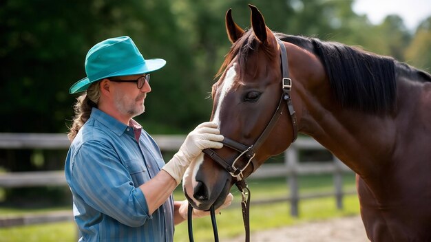 Foto caballo examinado por el veterinario