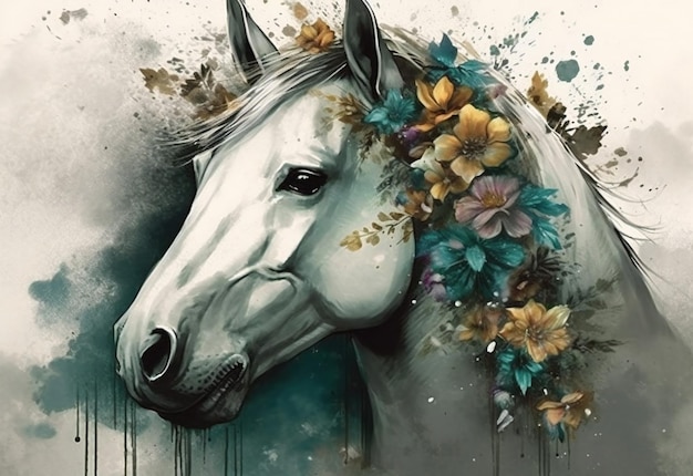 Un caballo con flores en la cabeza.