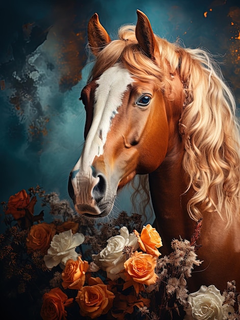 un caballo con una franja blanca en la cara y un ramo de flores en primer plano.