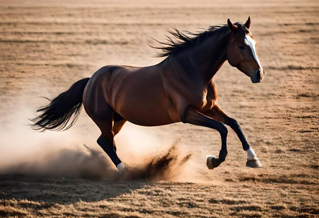 un caballo con una franja blanca corriendo en la tierra