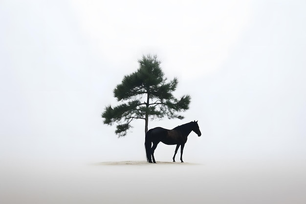 Un caballo se para frente a un árbol con un fondo blanco.