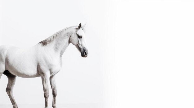 Un caballo se para frente a un fondo blanco.