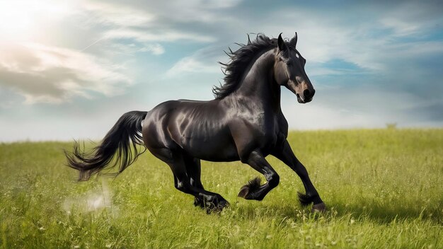 Foto caballo frisón negro corriendo en el campo
