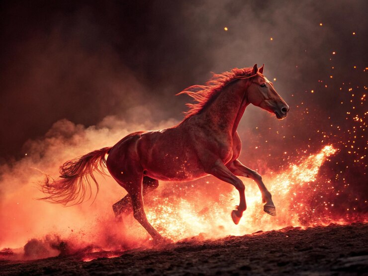 Caballo de fuego corriendo a través de una llama de llamas rojas