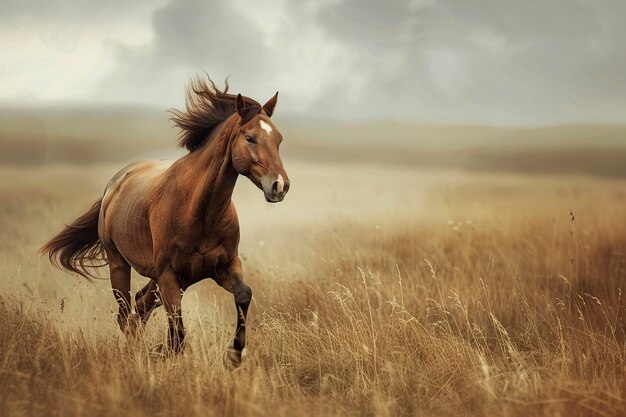 Foto el caballo galopando a través de la hierba alta