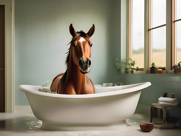 Foto un caballo gracioso en la bañera
