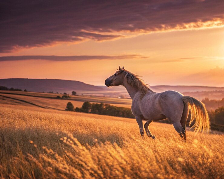 Un caballo impresionante se encuentra en un campo de trigo dorado al atardecer con el cálido resplandor del verano creando una atmósfera pacífica y soñadora
