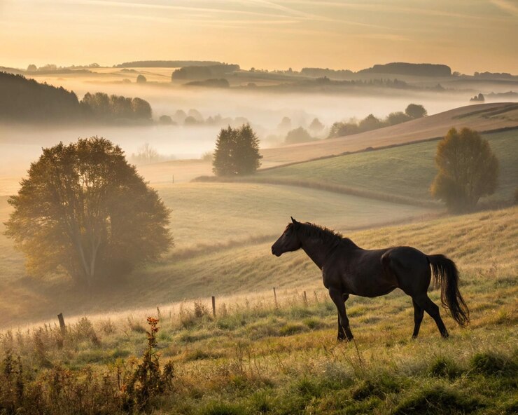 Un caballo impresionante se encuentra en un campo de trigo dorado al atardecer con el cálido resplandor del verano creando una atmósfera pacífica y soñadora
