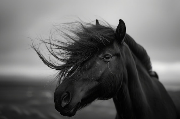 Foto caballo islandés con la melena soplada por el viento