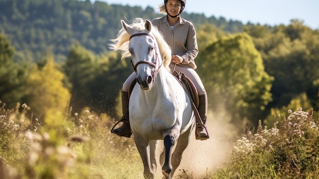 un caballo con un jinete a lomos cabalga por el campo.