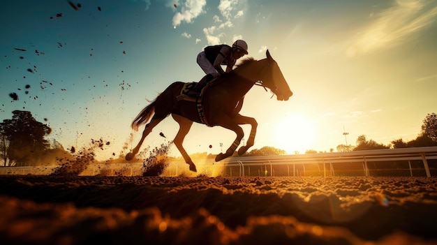 Un caballo y un jinete en la pista de carreras siluetas contra el sol de la mañana