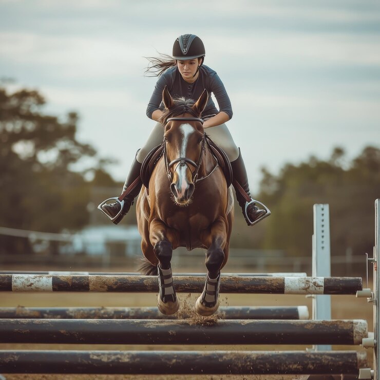 Caballo y jinete realizando un salto en una competencia de salto de espectáculo