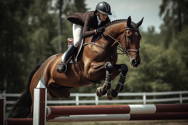 Un caballo y un jinete saltando sobre un obstáculo