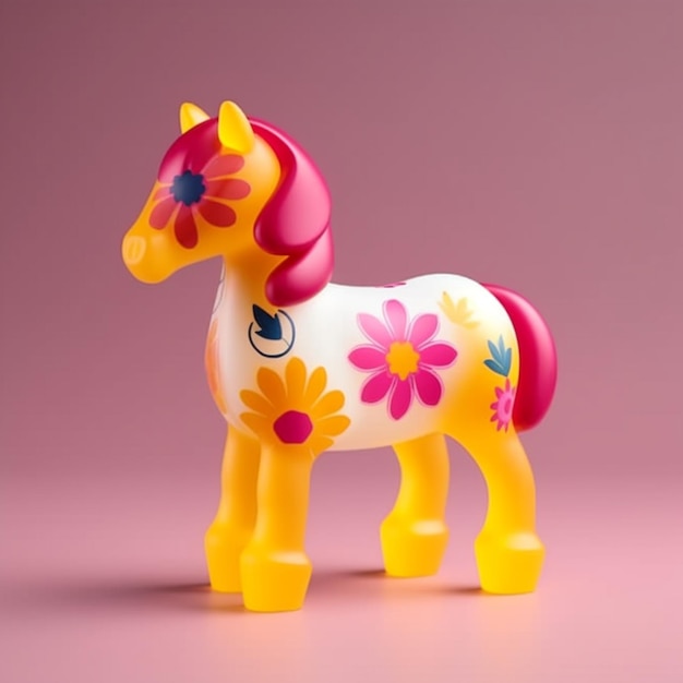 Caballo de juguete de colores brillantes con flores en la cabeza