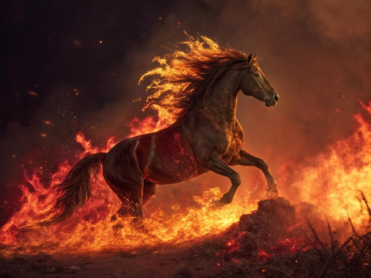 Caballo con llamas que se elevan de su melena