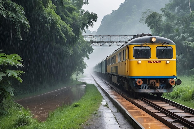 Caballo lloviendo al lado del tren que corre bajo la lluvia