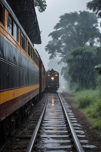 Caballo lloviendo al lado del tren que corre bajo la lluvia