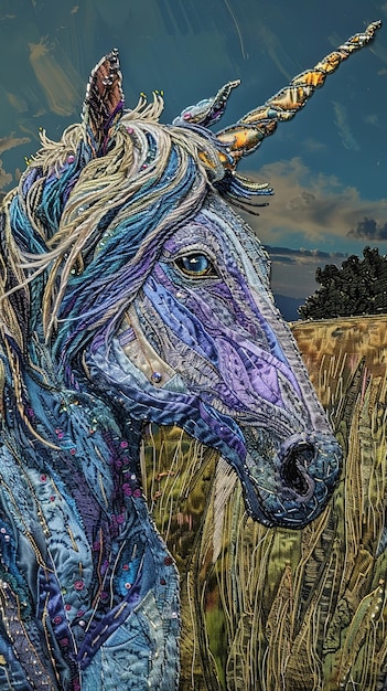 caballo mágico de opalescencia bordado y tejido con un hermoso fondo de tejido de pastizales