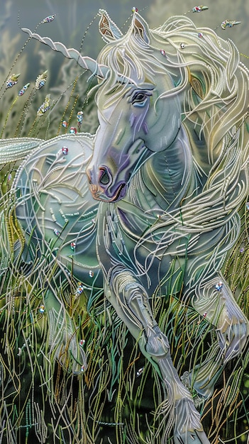 caballo mágico de opalescencia bordado y tejido con un hermoso fondo de tejido de pastizales