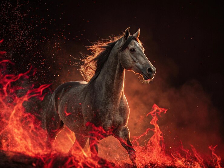 Un caballo majestuoso rodeado de fuego rojo